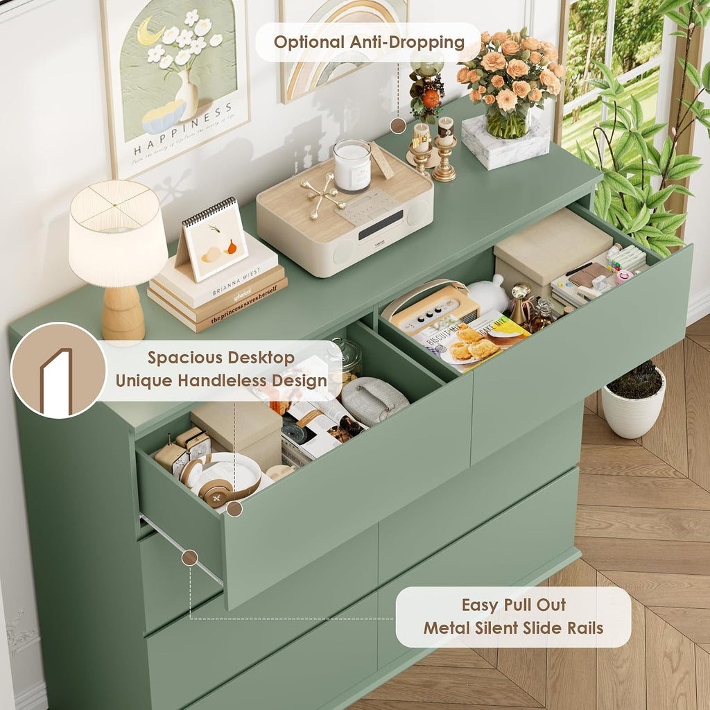 FINETONES Dresser for Bedroom, 8 Drawer Dresser Double Chest of Drawers, Modern Wood Dressers with Deep Drawers for Living Room, Green
