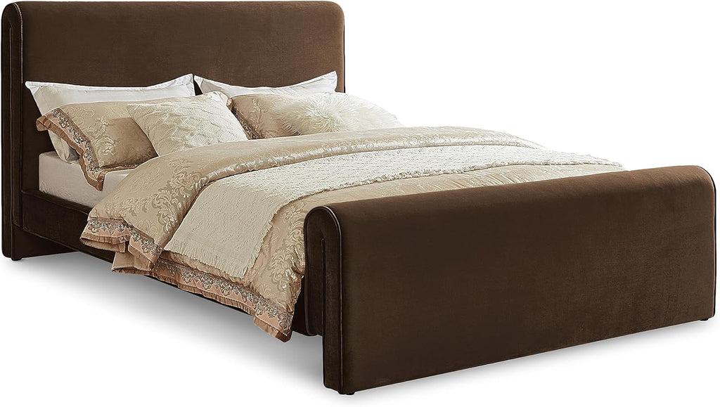 Meridian Furniture SloanBrown-F Sloan Collection Modern | Contemporary Velvet Upholstered Full Bed with Rich Soft Brown Velvet, Curved Headboard and Footboard, 59.5' W x 92' D x 45' H, Brown, Full