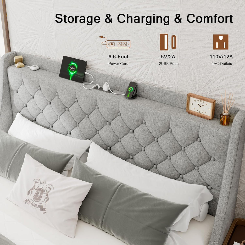 Einhomn Upholstered King Size Bed Frame with 4 Storage Drawers, Modern Platform Bed with Wingback Headboard, Charging Station, No Box Spring Needed, Light Grey
