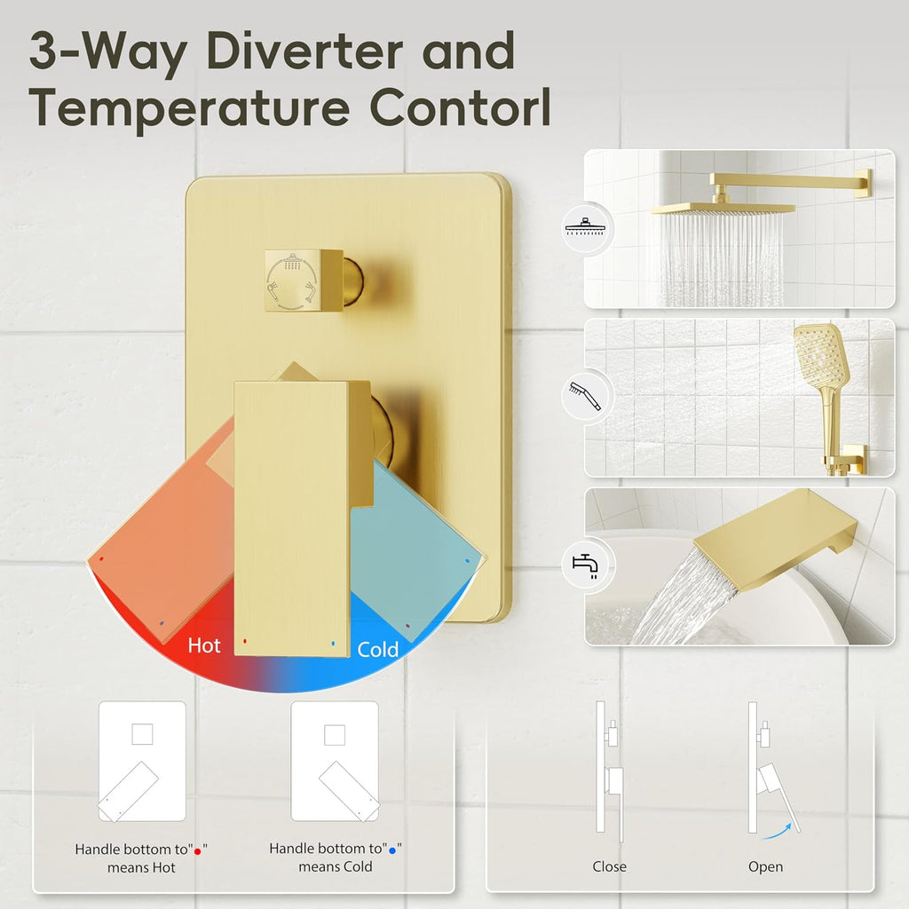 Gabrylly Shower System with Tub Spout, Wall Mounted Shower Faucet Set for Bathroom with High Pressure 10' Rain Shower head and 3-Setting Handheld Shower Head Set,Brushed Gold