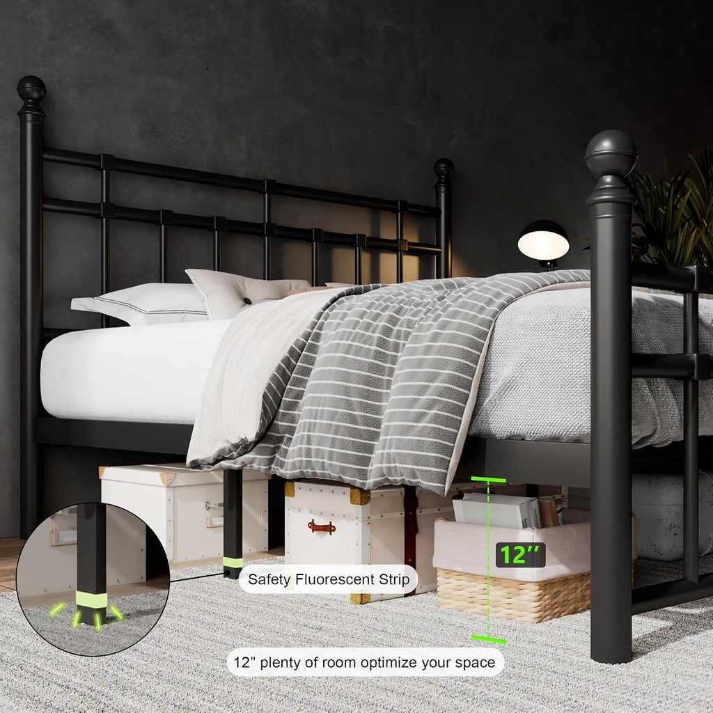 Feonase Full Size Metal Platform Bed Frame with Victorian Classic Iron-Art Headboard & Footboard, Heavy Duty Slats, 12' Under Bed Storage, No Box Spring Needed, Easy Assembly, Noise-Free, Black