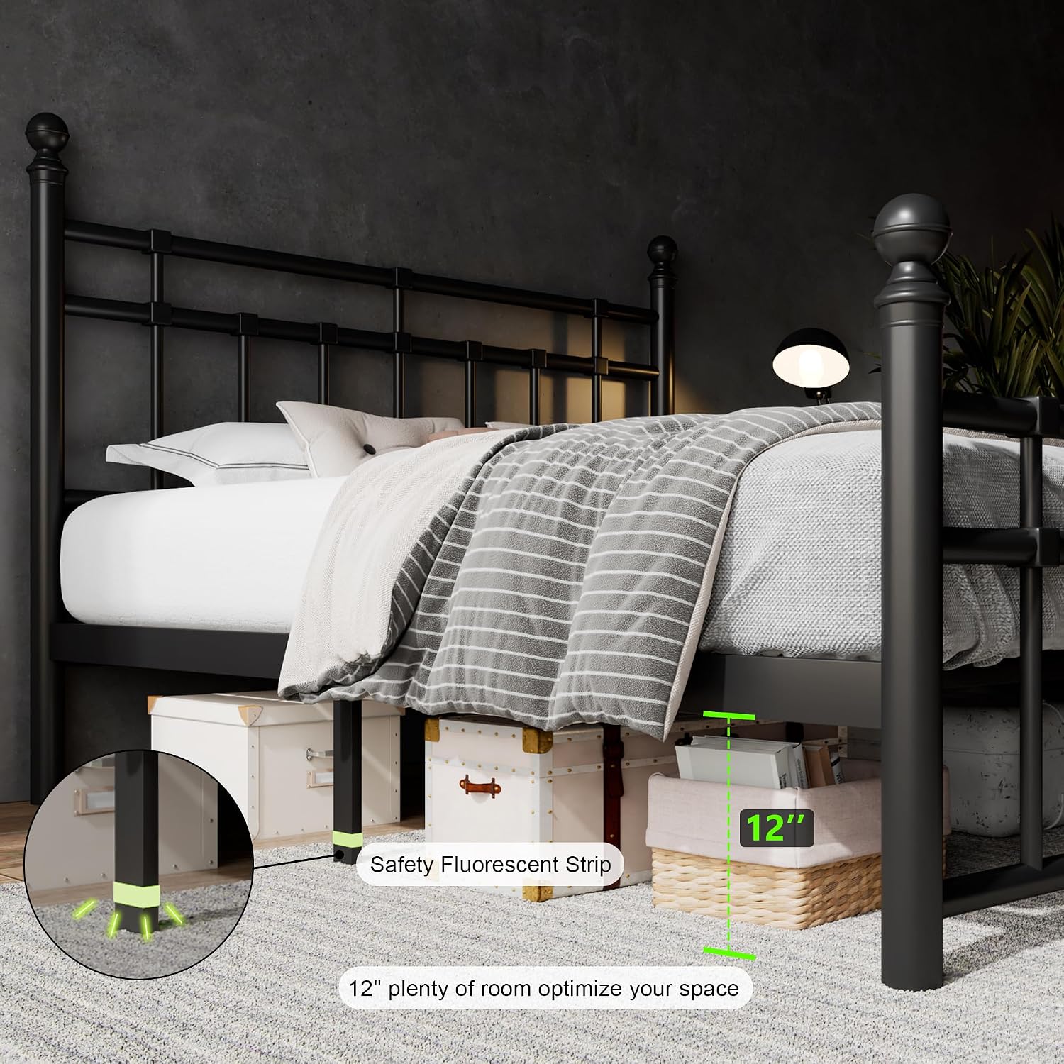 Feonase Full Size Metal Platform Bed Frame with Victorian Classic Iron-Art Headboard & Footboard, Heavy Duty Slats, 12' Under Bed Storage, No Box Spring Needed, Easy Assembly, Noise-Free, Black