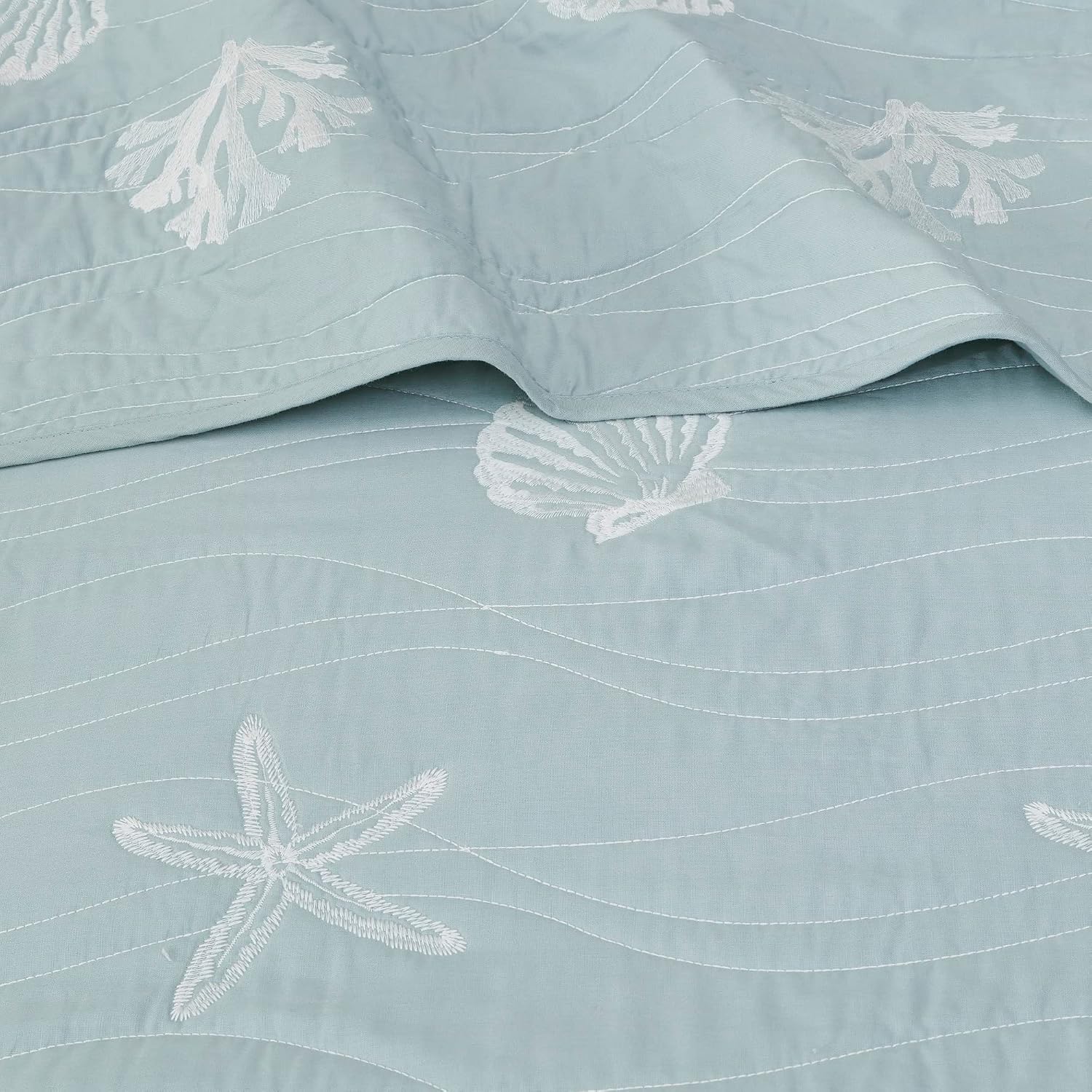 Harbor House Seaside Reversible Cotton Quilt Set Coastal Clam, Starfish, Coral Embroidery, All Season, Pre-Washed Coverlet Bedding Layer, Decorative Pillow, King/Cal King(108'x90') Seafoam 4 Piece