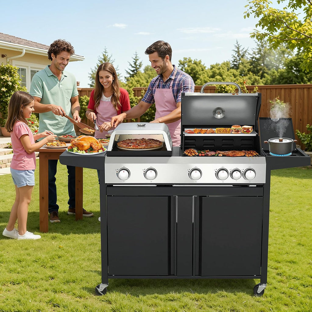 MELLCOM 3 IN 1 Pizza Griddle Grill Combo, 74,000 BTU 5 Burner Stainless Steel Propane Gas Grill with Side Burner,Pizza Oven, Griddle and Porcelain Enameled Cast Iron Grates for Outdoor Patio Backyard