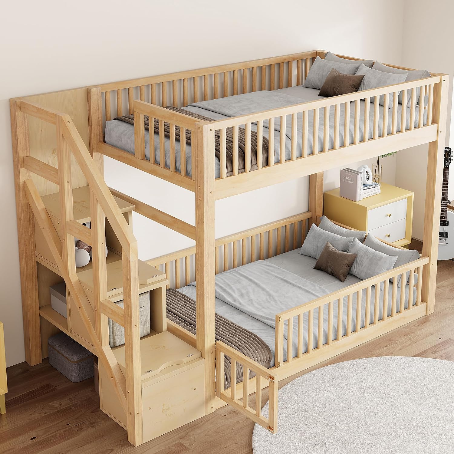 Twin Over Twin Floor Bunk Bed with Storage Ladder and Guardrails,for Kids Teens Adults (Natural#Ladder, Twin Over Twin)
