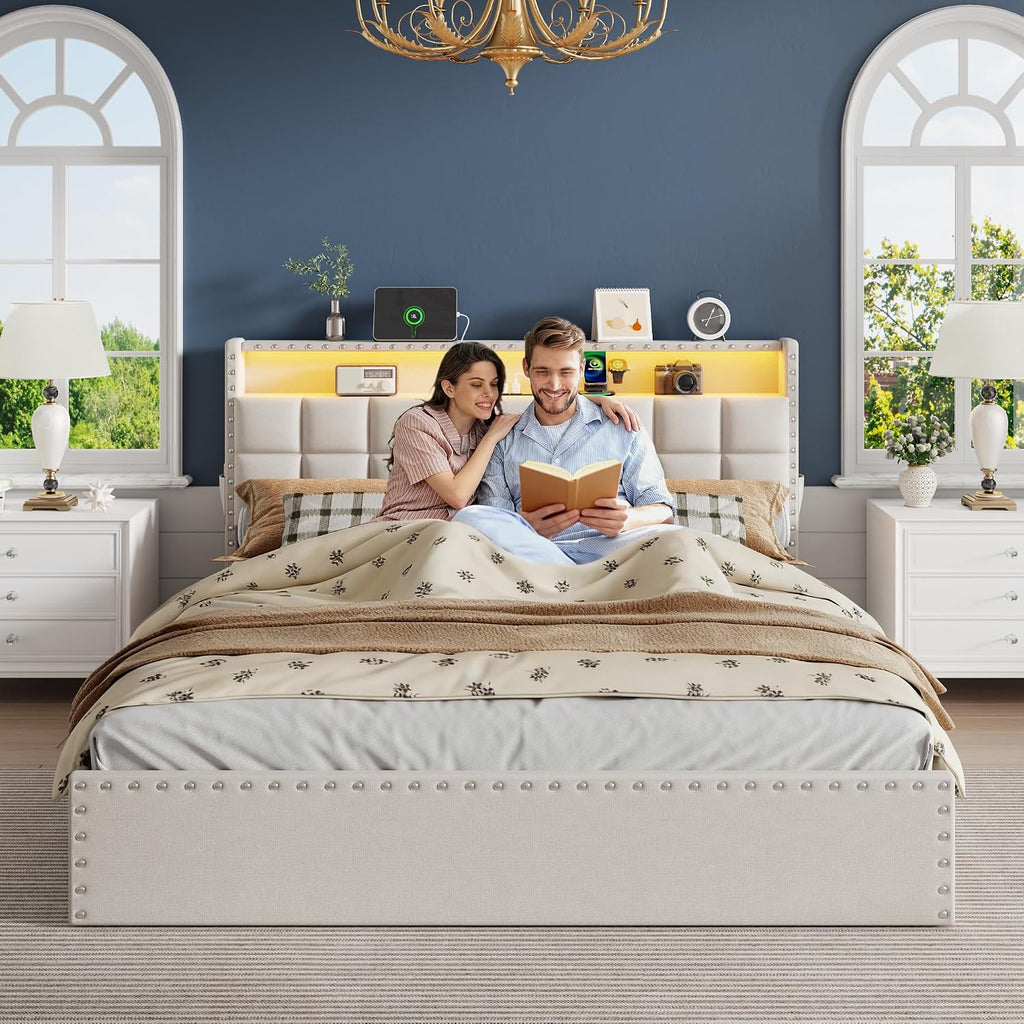 OURPIC Queen Bed Frame with 4 Storage Drawers & Headboard, Upholstered Platform Bed Frame Queen Size with Charging Station & LED Lights, No Box Spring Needed, Metal Slats Support, Noise Free, Beige