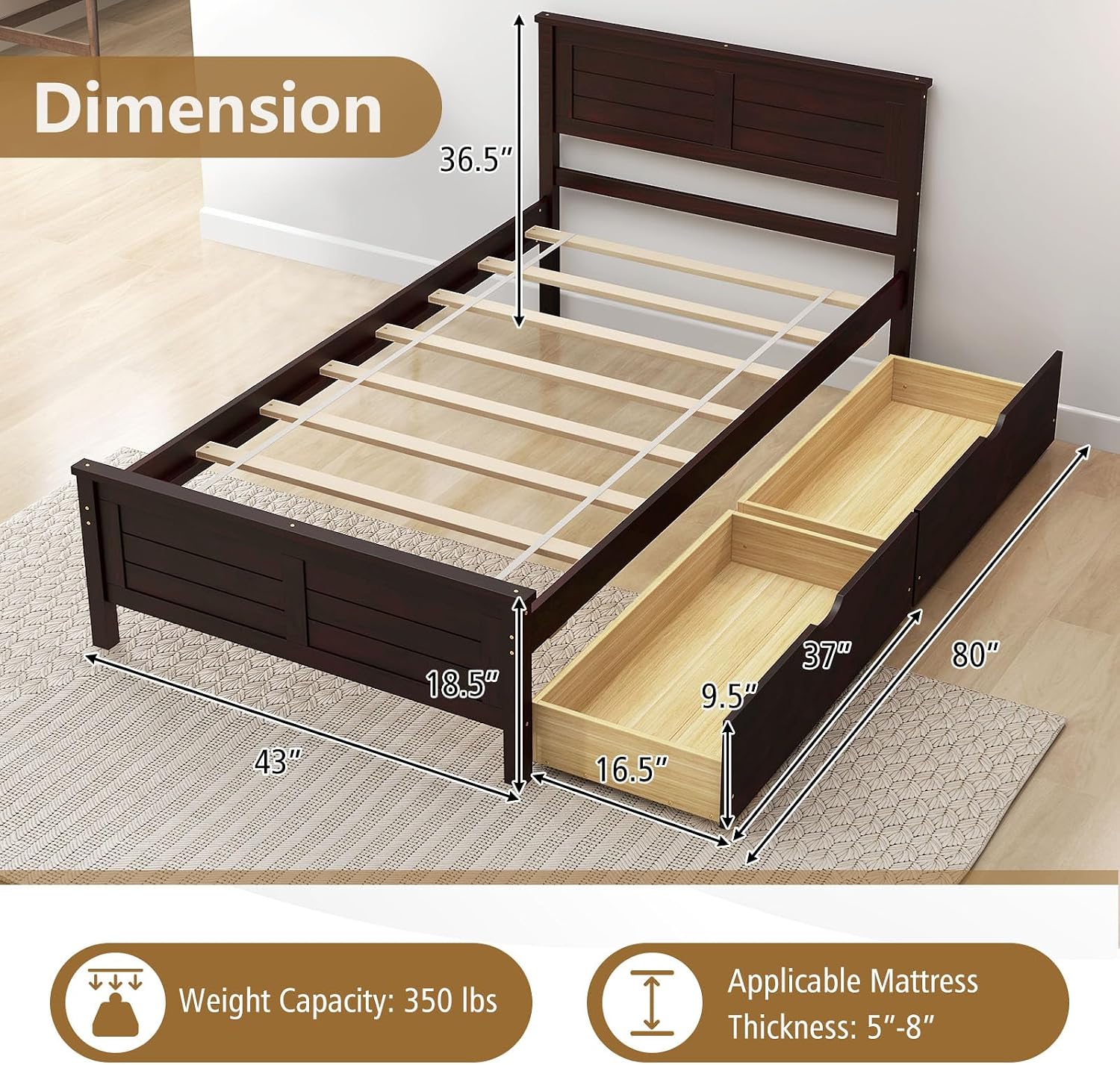 KOMFOTT Twin Size Wood Bed Frame with 2 Storage Drawers, Mid Century Platform Bed Frame with Headboard, Sturdy Wooden Slats Support, Modern Mattress Foundation, No Box Spring Required, Easy Assembly