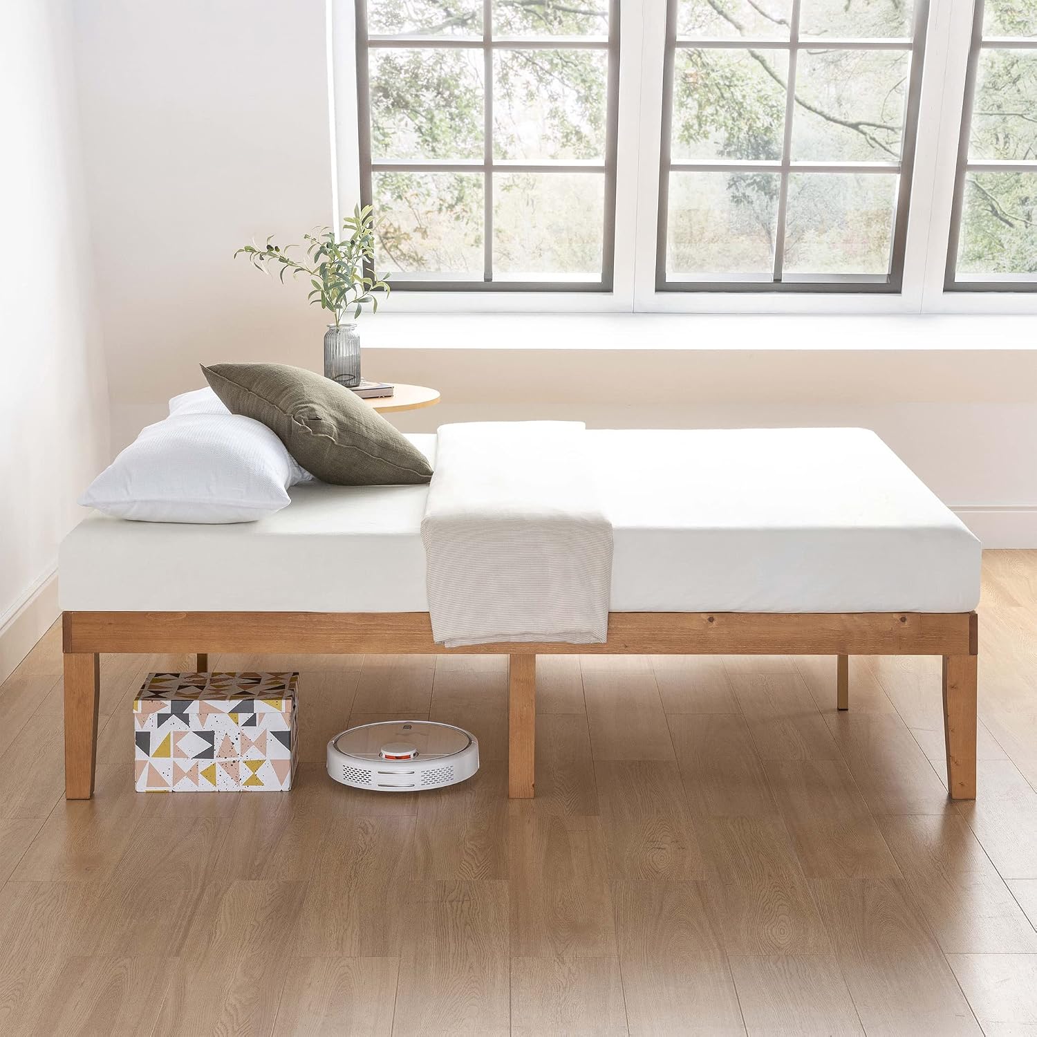 Mellow Naturalista Classic 16 Inch Solid Wood Platform Bed with Wooden Slats, Natural Pine, King