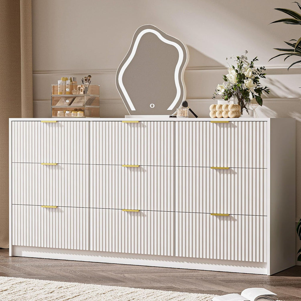 MAISONARIA 3-Piece Dresser Bedroom Set, 9 Drawer Dresser & 3 Drawer Nightstands with Gold Handles, Fluted Wood Chest of Drawers for Bedroom, Living Room, Entryway, White