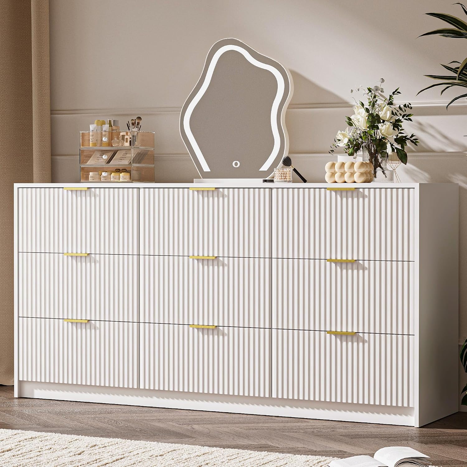 MAISONARIA 3-Piece Dresser Bedroom Set, 9 Drawer Dresser & 3 Drawer Nightstands with Gold Handles, Fluted Wood Chest of Drawers for Bedroom, Living Room, Entryway, White