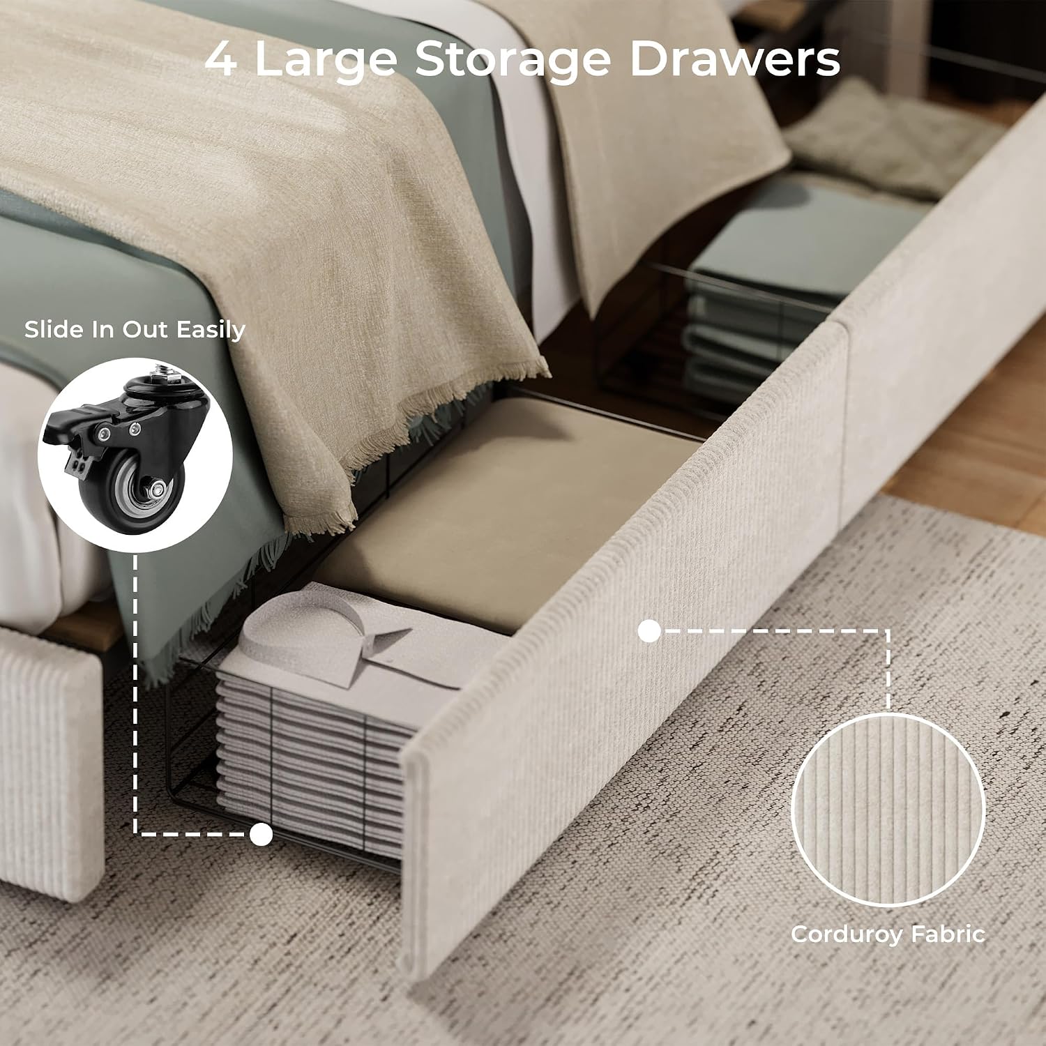 Queen Bed Frame with 4 Storage Drawers, Platform Bed Frame Queen Sizel with Upholstered Channel Tufted Wingback Headboard, Strong Wooden Slats Support, No Box Spring Needed, Beige