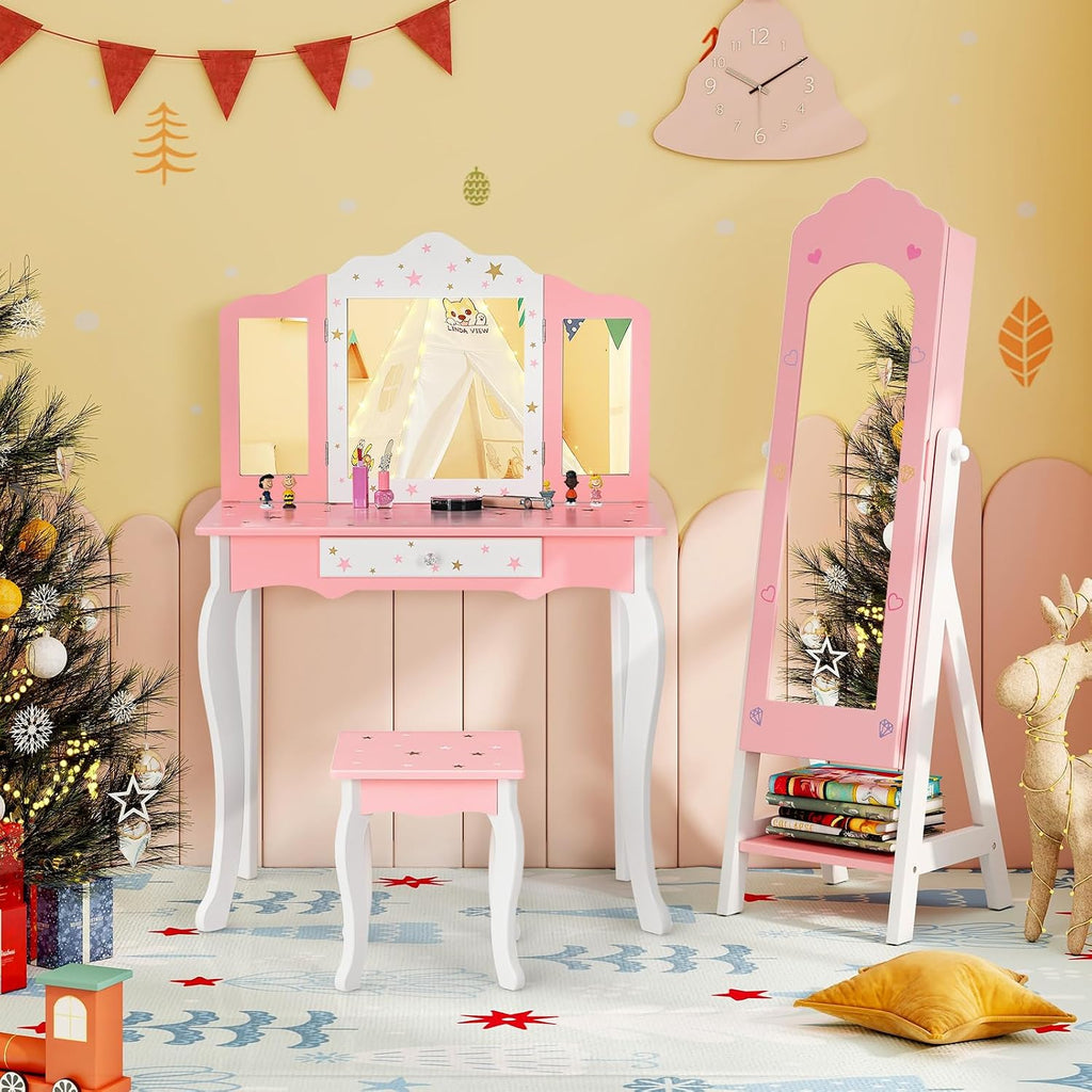 Costzon Kids Vanity & Jewelry Armoire Cabinet, Kids Makeup Vanity Table and Chair Set, Standing Jewelry Organizer with Full-Length Mirror, Kids Bedroom Furniture Set for Girls (Pink)