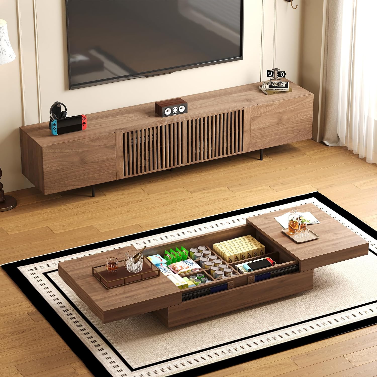 Mid-Century Modern TV Stand & Expandable Coffee Table Set, Walnut Finish, Stylish Storage Combo for Living Room or Bedroom (94.48'TV Stand+Coffee Table)