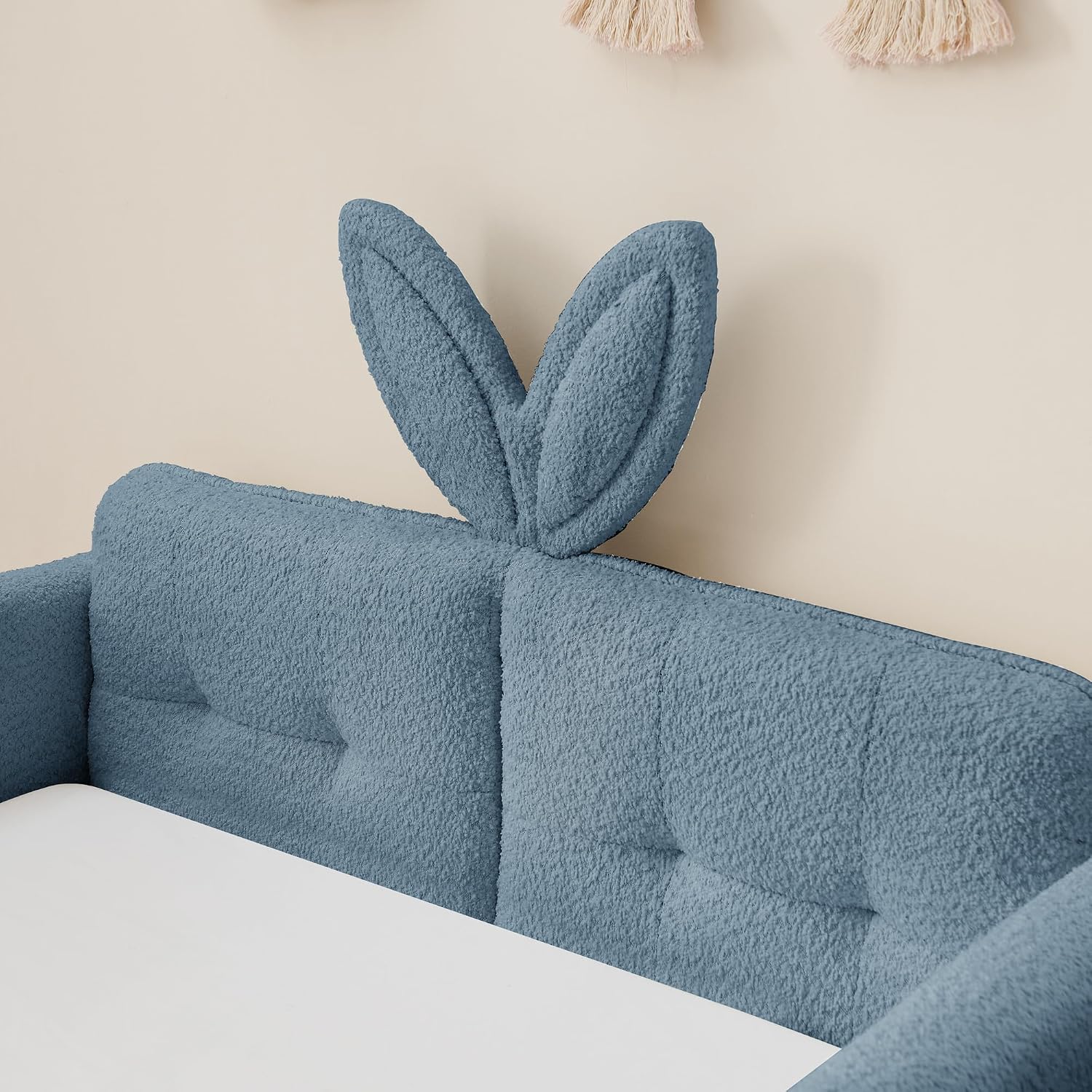 VilroCaz Twin Size Upholstered Platform Bed with Safety Guardrail and Cute Rabbit Ear Shaped Headboard, Boucle Fabric Montessori Kids Bed with Pocket and Sturdy Slats Support (Baby Blue-7.24)