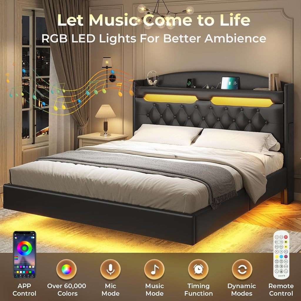 ADORNEVE Floating Bed Frame Full with Hidden Storage Headboard, Floating LED Bed Frame with Charging Station, Upholstered Leather Platform Bed with Storage, No Box Spring Needed, Black