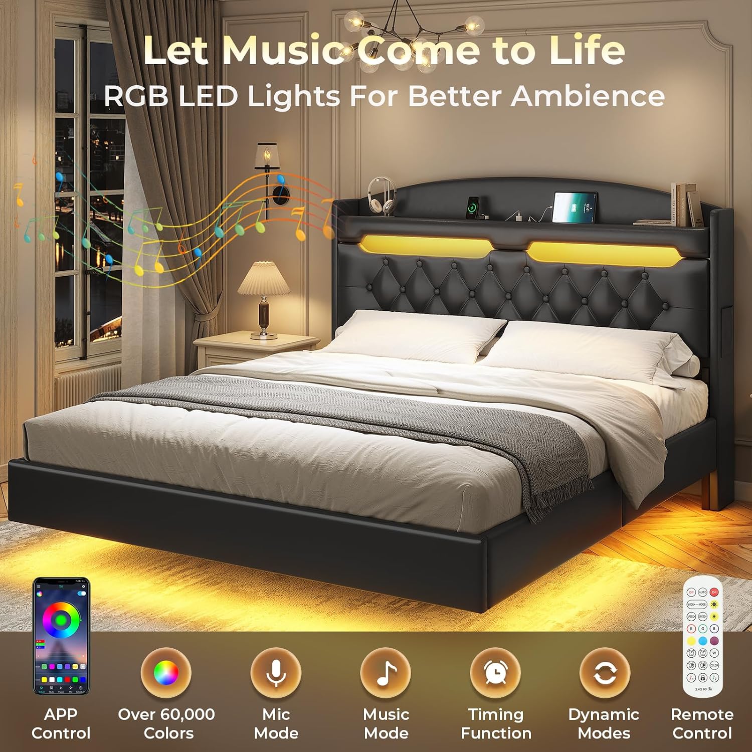 ADORNEVE Floating Bed Frame Full with Hidden Storage Headboard, Floating LED Bed Frame with Charging Station, Upholstered Leather Platform Bed with Storage, No Box Spring Needed, Black