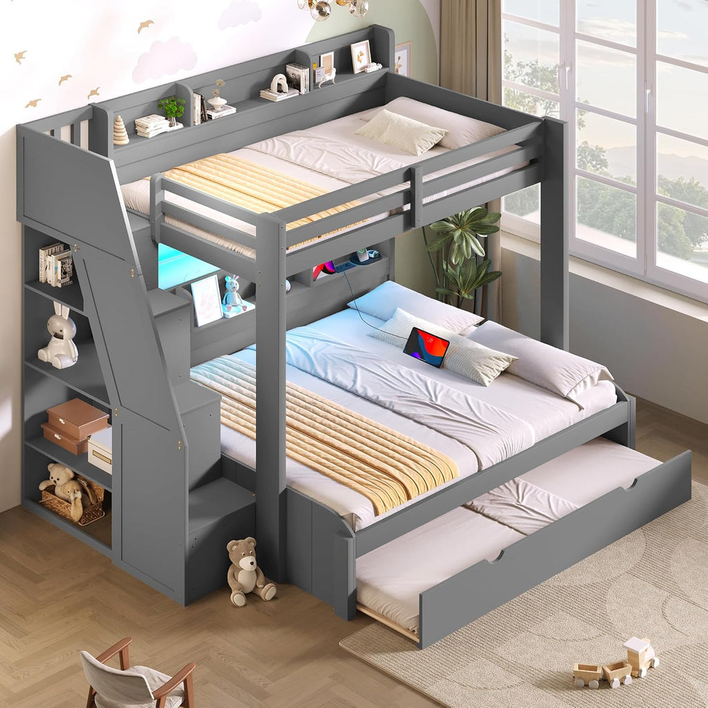 Twin Over Full Bunk Bed with Storage Staircase and Trundle,Storage Shelves, LED and USB,for Kids Teens Adults Bedroom Use (Grey-USB, Twin Over Full)