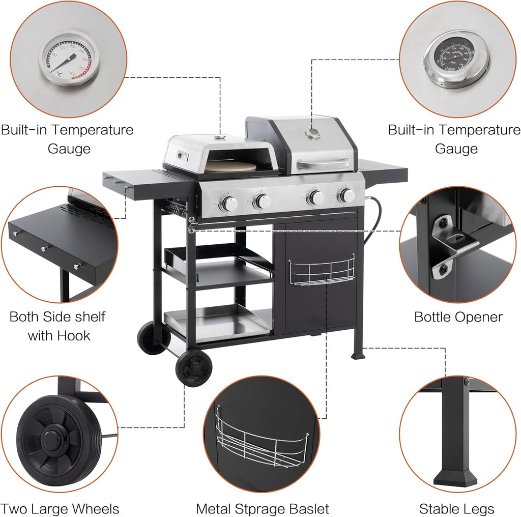 49,200 BTU High Efficiency 4 Burner Grill with Lid - Comes with Griddle Combo and 2 Wheels for Easy Mobility