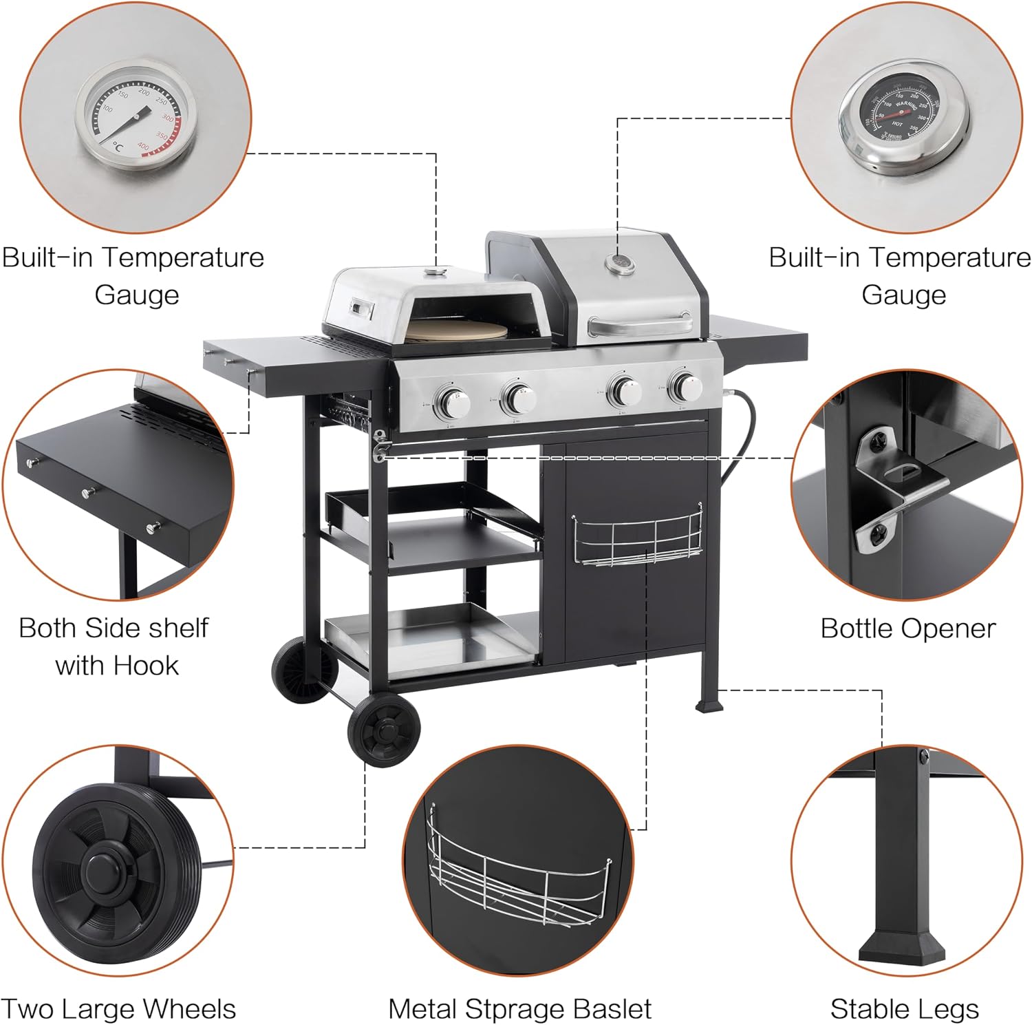 49,200 BTU High Efficiency 4 Burner Grill with Lid - Comes with Griddle Combo and 2 Wheels for Easy Mobility