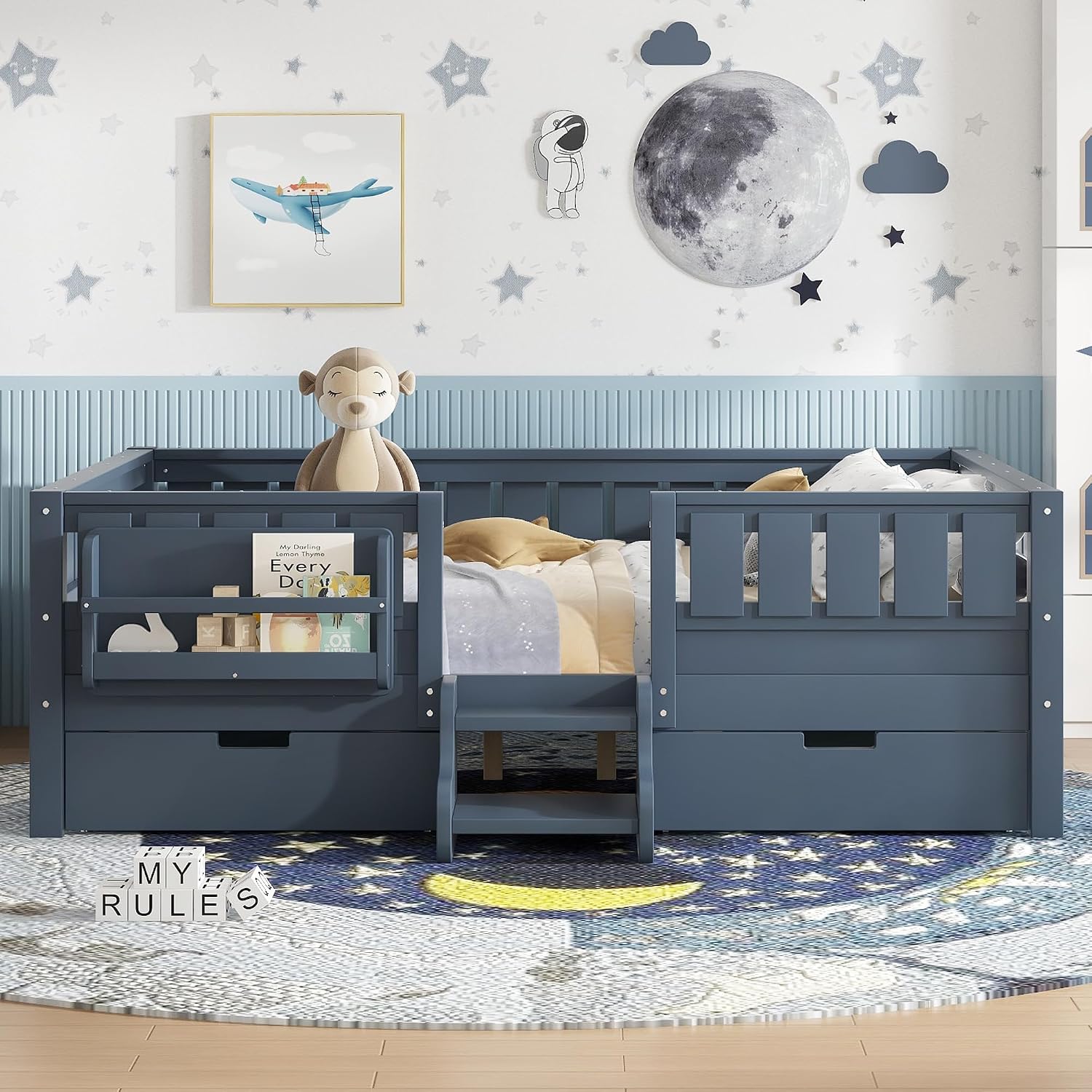 Bellemave Full Floor Bed with Stairs, Rails and Slats, Full Size Montessori Floor Bed with Bookshelf and 2 Storage Drawers, Easy Assemble Montessori Beds Frame for Girls, Boys, Blue