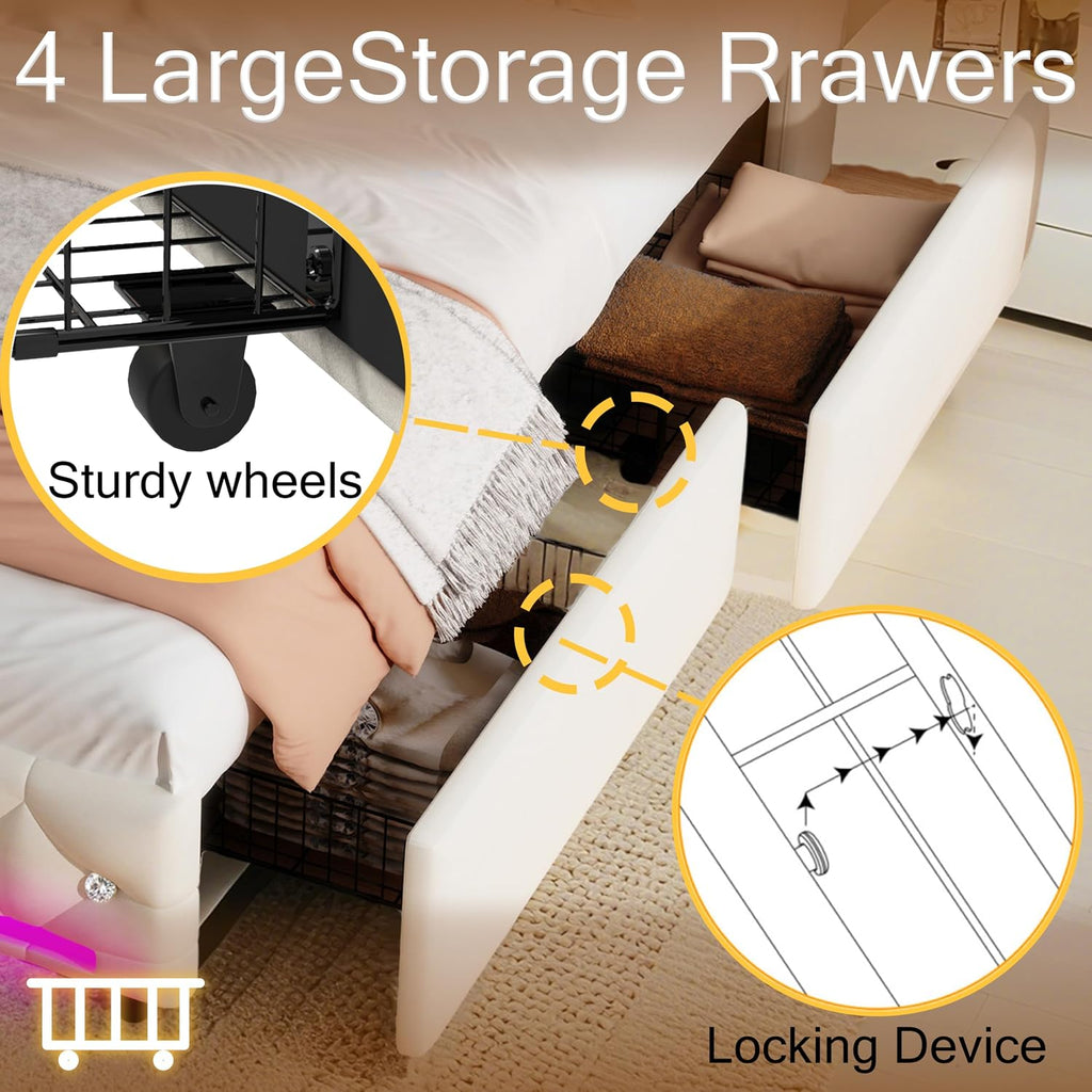 Juego 5-in-1 Full Bed Frame with Bluetooth Speakers,LED Light,Charging Station,4 Drawers Storage,Wooden Slats Support,Modern Velvet Upholstered Platform Bed with Headboard,No Box Spring Needed,Beige