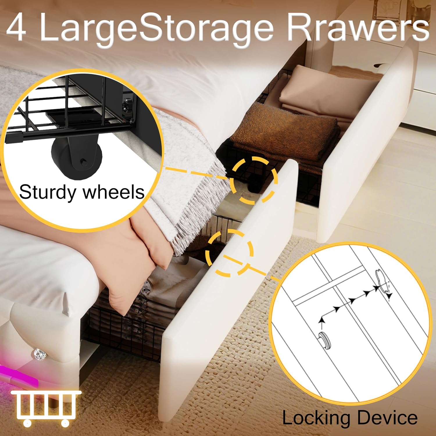 Juego 5-in-1 Full Bed Frame with Bluetooth Speakers,LED Light,Charging Station,4 Drawers Storage,Wooden Slats Support,Modern Velvet Upholstered Platform Bed with Headboard,No Box Spring Needed,Beige