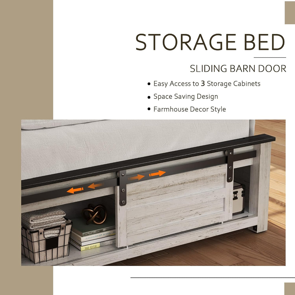 Wooden Bed Frame King Size with Headboard & Sliding Barn Door Storage Footboard, Farmhouse Platform Bedframe with Charging Station and LED Lights, No Box Spring Needed, Boho White