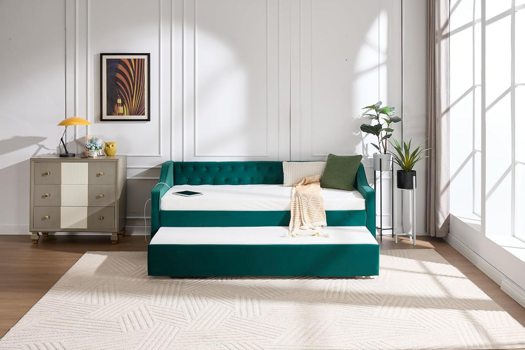 Twin to King Daybed with Trundle, USB Ports Soft Upholstered Daybed with Pop Up Trundle Bed Twin, Modern Extendable Day Bed Frame for Girls Bedroom Living Room Guest Room Small Places Dark Green
