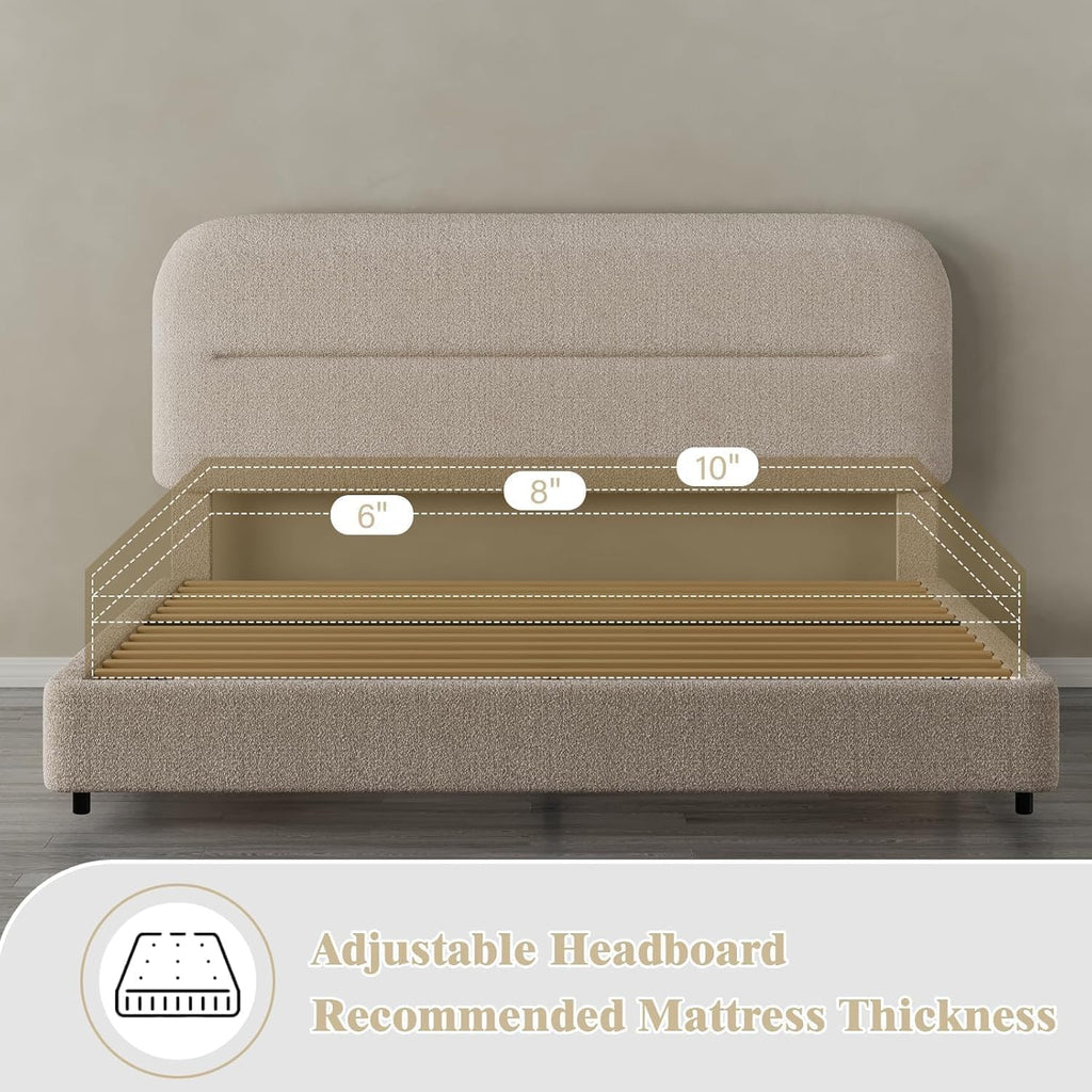 HOMBCK Bed Frame Queen Size, Boucle Upholstered Platform Queen Bed Frame with Headboard, Soft Headboard with Rounded Corners Design, Wood Slats, No Box Spring Required, Easy Assembly, Beige