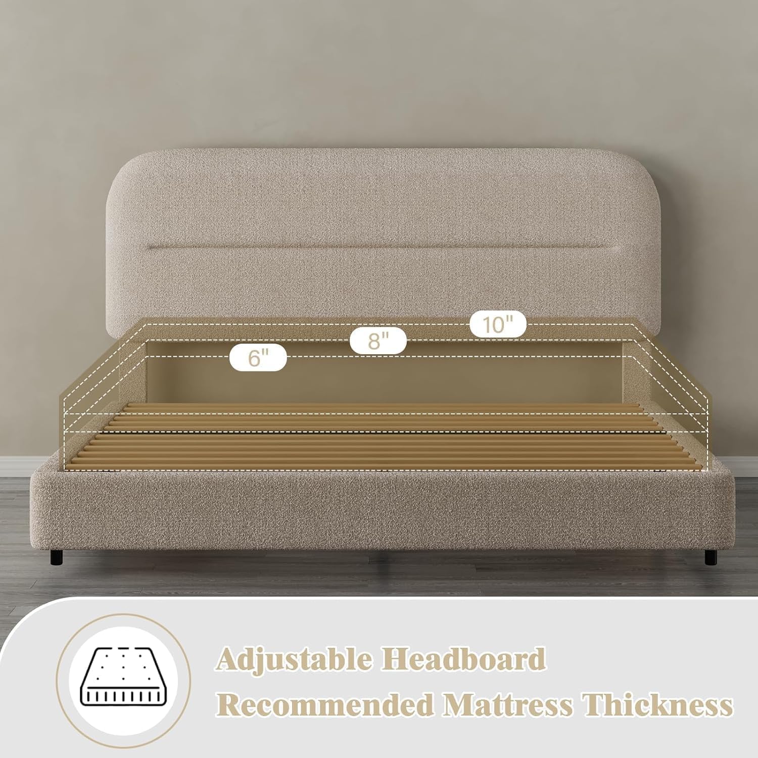 HOMBCK Bed Frame Queen Size, Boucle Upholstered Platform Queen Bed Frame with Headboard, Soft Headboard with Rounded Corners Design, Wood Slats, No Box Spring Required, Easy Assembly, Beige
