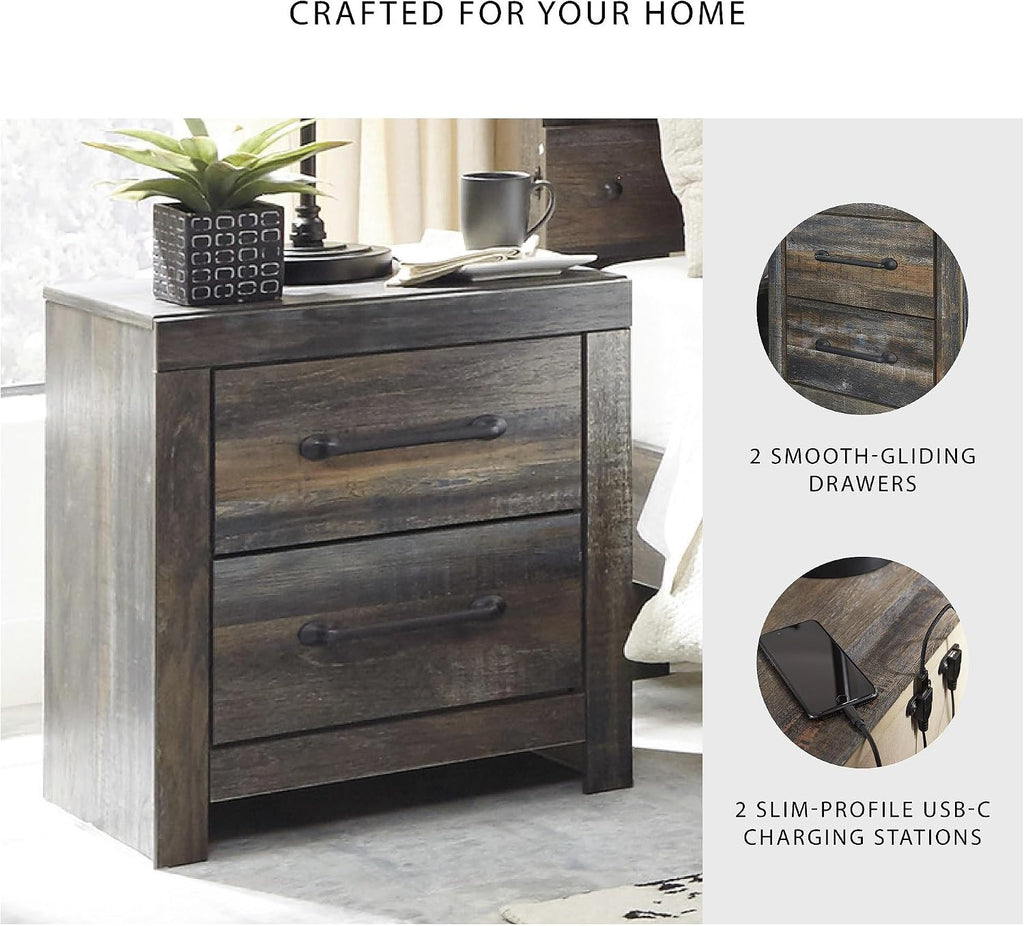 Signature Design by Ashley Drystan Rustic Industrial 2 Drawer Nightstand with 2 Slim-Profile USB Charging Stations, 24.37' Tall, Weatherworn Brown