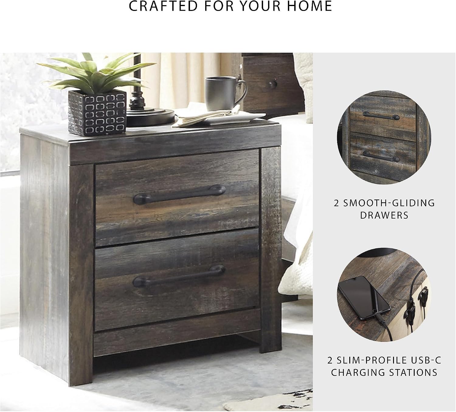 Signature Design by Ashley Drystan Rustic Industrial 2 Drawer Nightstand with 2 Slim-Profile USB Charging Stations, 24.37' Tall, Weatherworn Brown