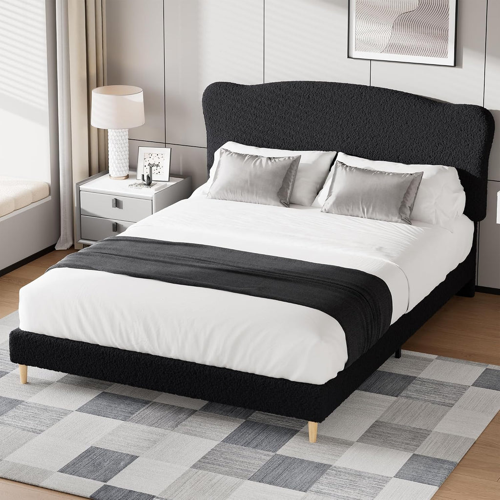 GarveeHome Queen Size Bed Frame with Upholstered Headboard, Soft Low Profile Sturdy Platform Bed with Rounded Corners Design, Heavy Duty, Wooden Slats, Noise Free, No Box Spring Needed, Black