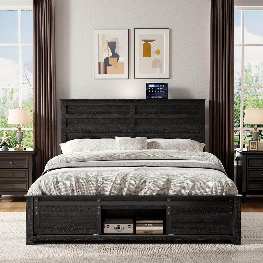 Wooden Bed Frame Queen Size with Headboard & Sliding Barn Door Storage Footboard, Farmhouse Platform Bedframe with Charging Station and LED Lights, No Box Spring Needed, Black