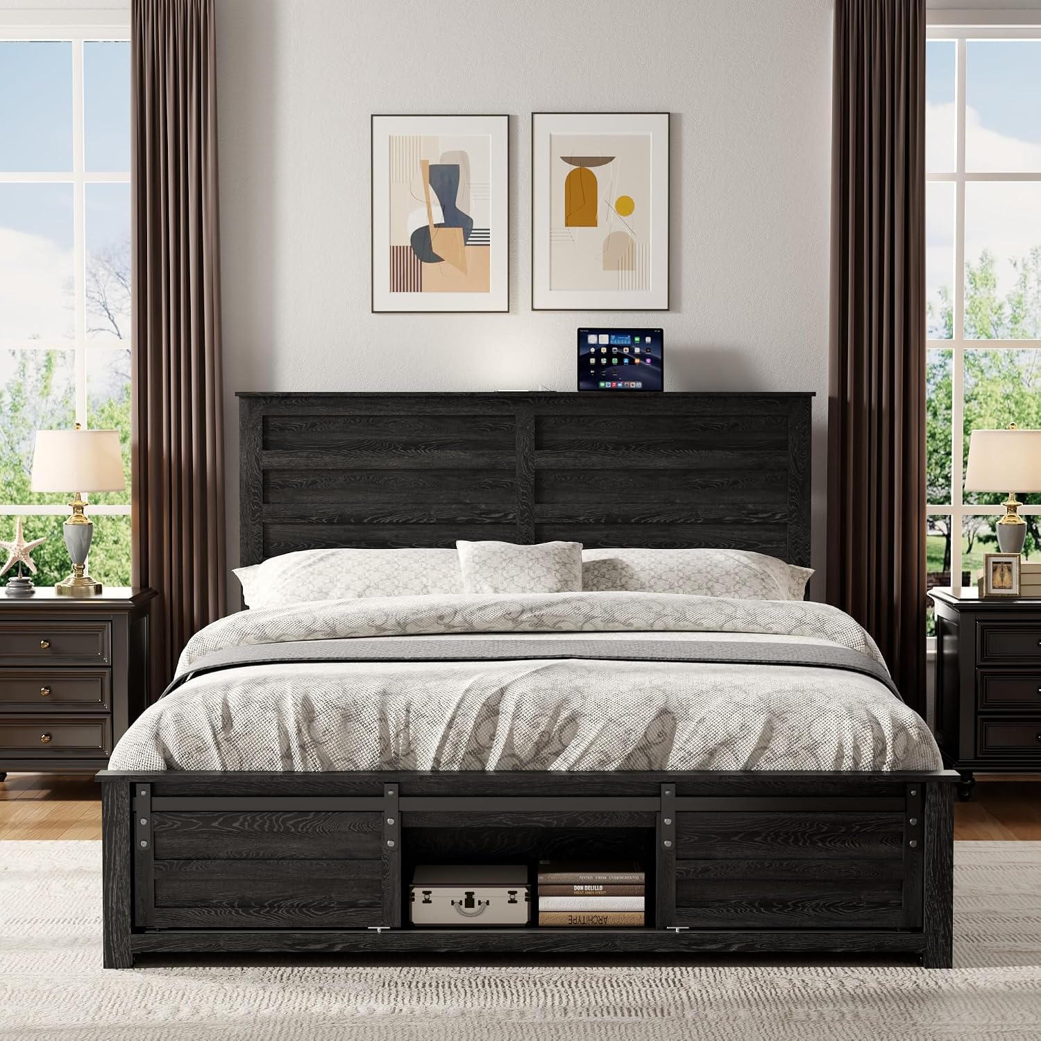 Wooden Bed Frame Queen Size with Headboard & Sliding Barn Door Storage Footboard, Farmhouse Platform Bedframe with Charging Station and LED Lights, No Box Spring Needed, Black