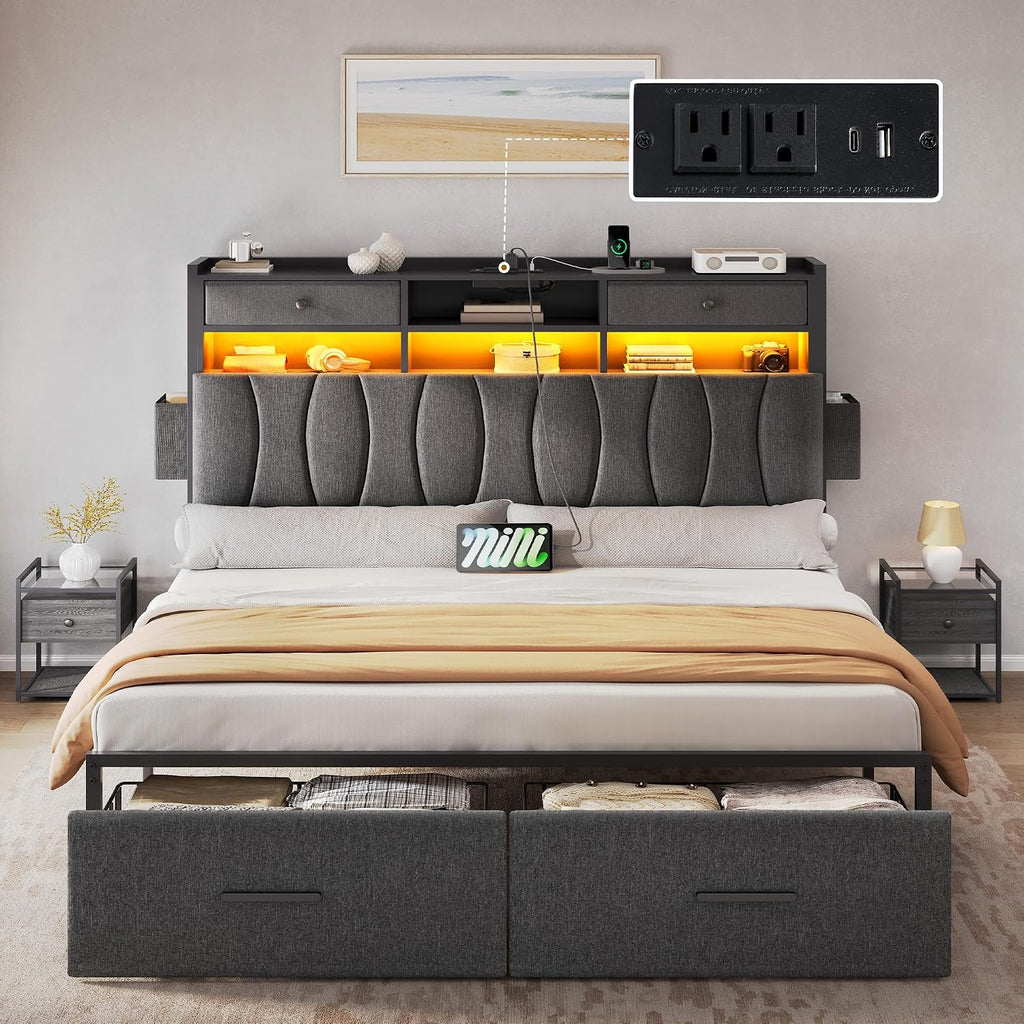 YITAHOME Full Size with 2 Storage Drawers and Charging Station, Linen Upholstered Platform Bed with Storage Headboard and LED Light, Heavy Duty Metal Support, No Box Spring Needed, Noise Free, Grey