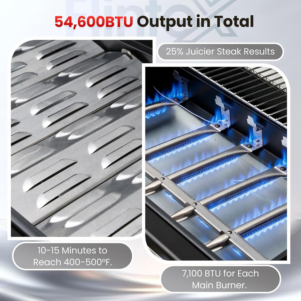Flintex Multi-Function Propane Gas Grill with Various Grates, 6-Burner Outdoor BBQ Grill with Porcelain-Enameled Cast Iron Grates & Griddle, 54,600 BTU Output, 625 sp.in. Cooking Area, Black