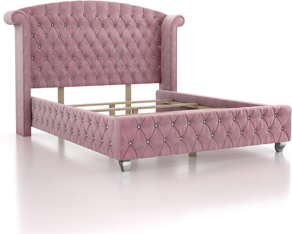 Furniture of America FOA Cyndi 3pc Pink Fabric Bedroom Set- Full + 2 Nightstands and Care Kit