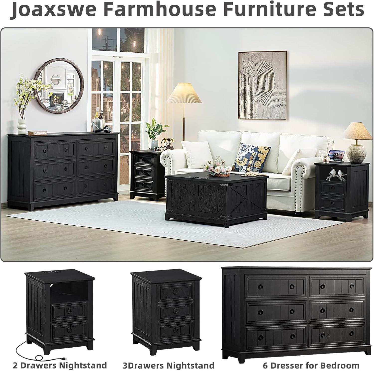 Joaxswe Farmhouse Furniture Set, Nightstands Set of 2 and 6 Drawers Dresser for Bedroom, 54 Inch Wide Wood Dresser and 18' Night Stands with Charging Station for Bedroom, Living Room, Hallway