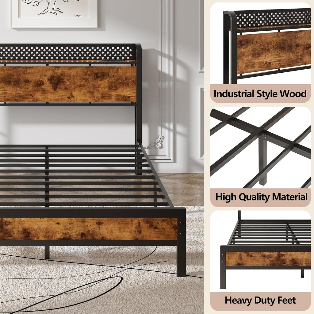 Furnulem Queen Bed Frame with Headboard Storage, Bed Frame Queen Size with Charging Station and LED Lights No Box Spring Needed,Heavy Duty Steel Slats,Noise Free