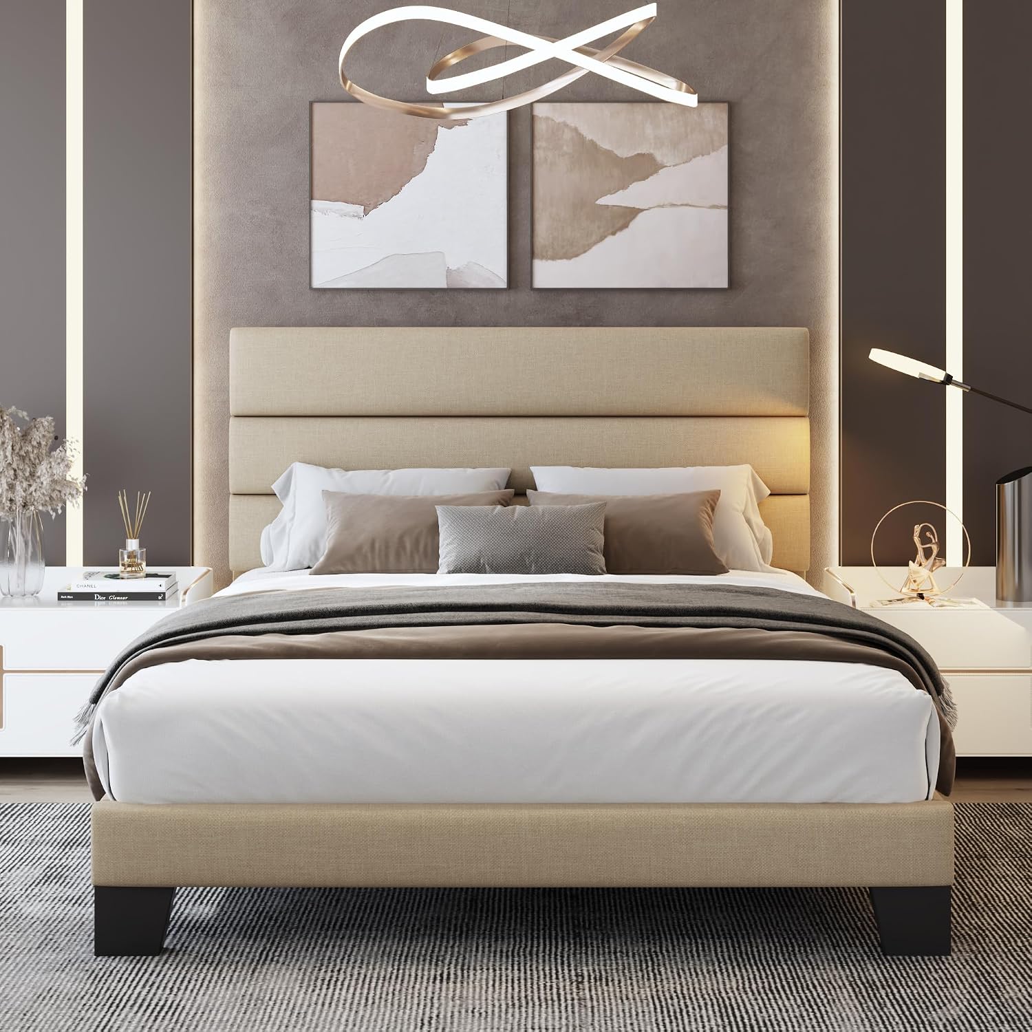 WEEWAY Full Size Bed Frame Platform Bed with Linen Fabric Upholstered Headboard and Wooden Slats Support, Heavy Duty Mattress Foundation, No Box Spring Needed, Easy Assembly, Beige