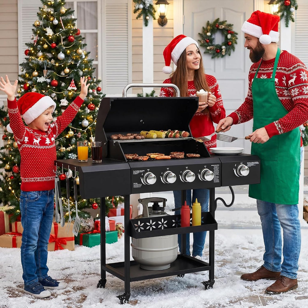 TITIMO 4 Burner Propane Gas Grill with Side Burner and Stainless Steel Grates, Portable Barbecue Grill with Side Table and Spice Rack, Outdoor Gas BBQ with Thermometer for Patio and Party, 50,000 BTU