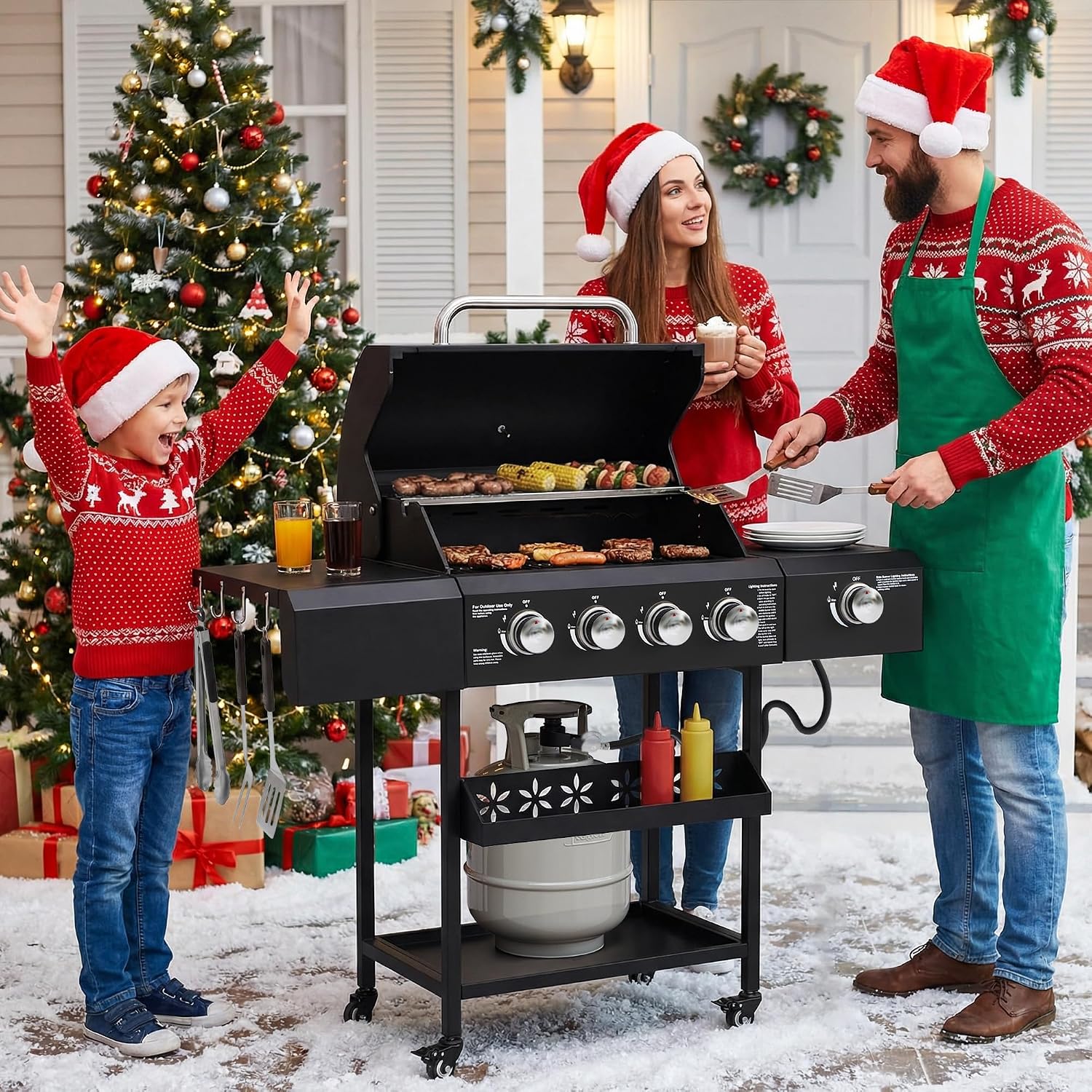TITIMO 4 Burner Propane Gas Grill with Side Burner and Stainless Steel Grates, Portable Barbecue Grill with Side Table and Spice Rack, Outdoor Gas BBQ with Thermometer for Patio and Party, 50,000 BTU