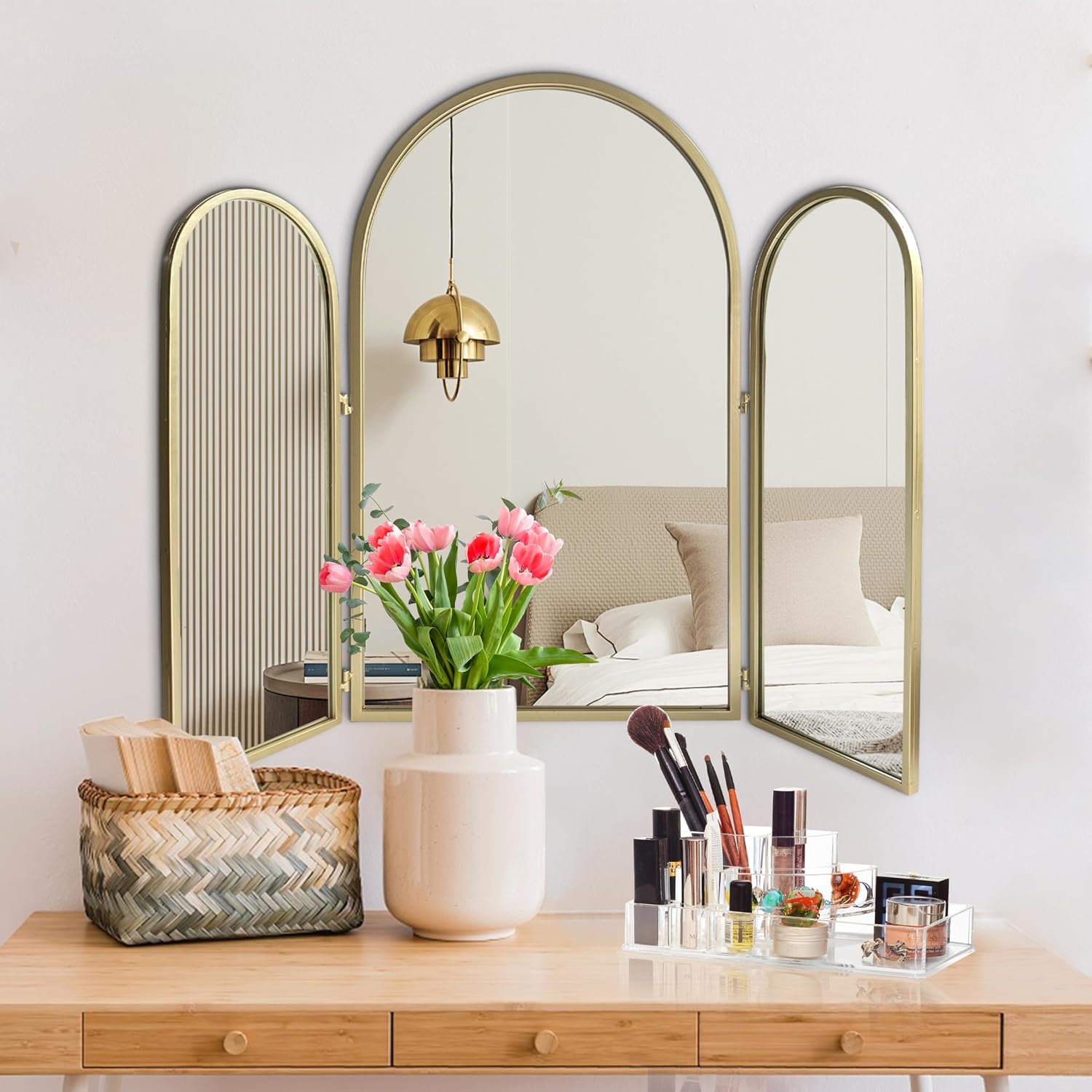 BAODANFU Trifold Vanity Mirrors 3 Way, 30 x 37in Adjustable Vanity Mirrors for Bathroom, Bedroom, Champaign Golden Arch Mirrors Wall Mounted Decoration, Braiding Hair, Makeup 360° Way