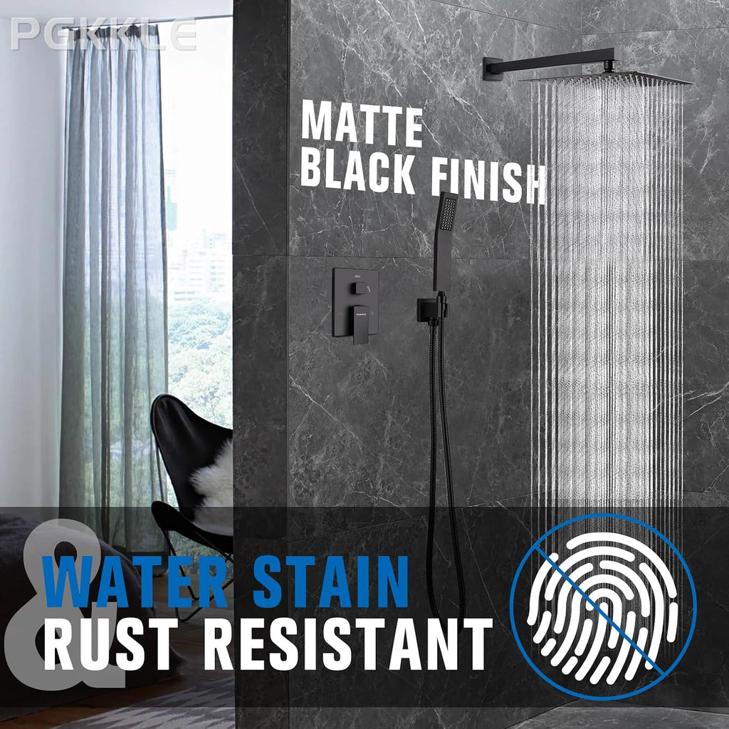 12 Inch Rainfall Shower System - Wall Mounted Complete Combo with Solid Brass Pressure Balancing Valve, High Pressure Shower Head, Handle Set & Installation Accessories Matte Black