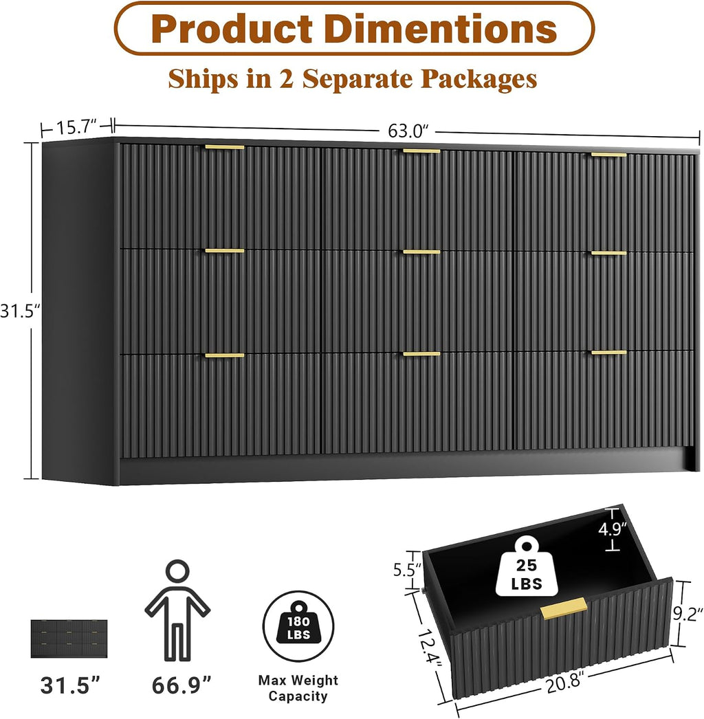 Furniway Black Dresser for Bedroom, Modern Dresser with 9 Drawers and Smooth Slides, Wide Chest of Drawers with Golden Handles for Bedroom, Living Room, Closet, 15.7' D x 63' W x 31.5' H