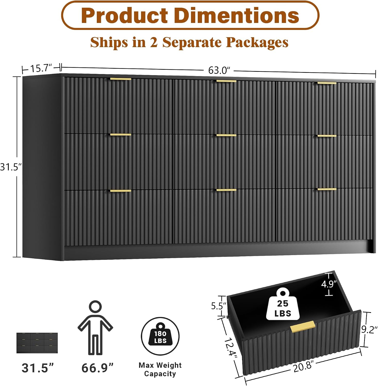 Furniway Black Dresser for Bedroom, Modern Dresser with 9 Drawers and Smooth Slides, Wide Chest of Drawers with Golden Handles for Bedroom, Living Room, Closet, 15.7' D x 63' W x 31.5' H