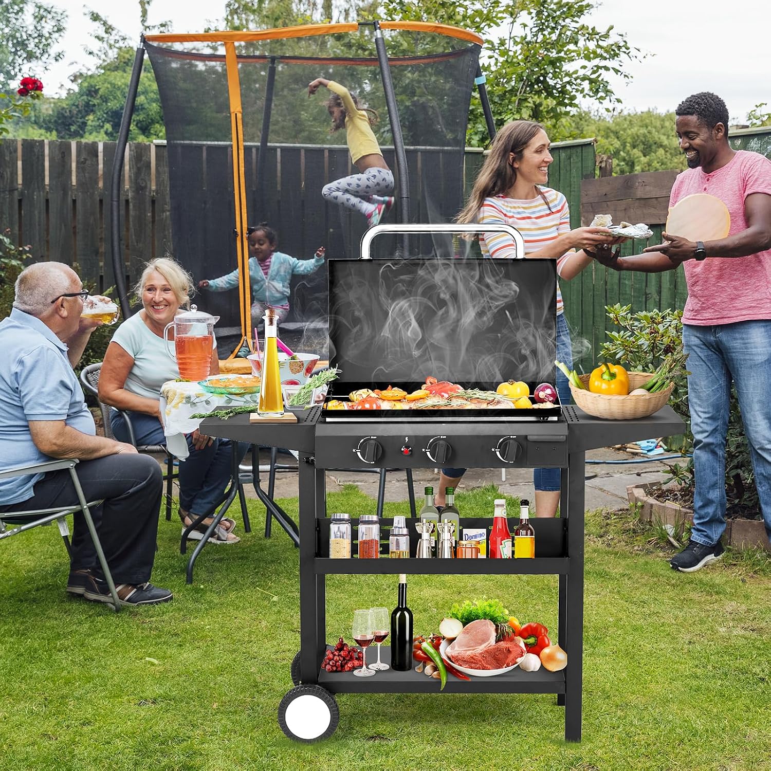 3-Burner Flat Top Gas Griddle, 30,000 BTU Propane BBQ Grill with Ceramic Coated Cast Iron Pan, Side Shelves & Spice Rack for Outdoor Backyard Cooking