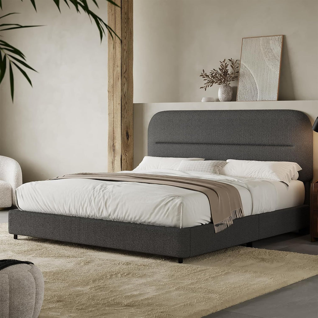 HOMBCK Full Size Boucle Bed Frame, Soft Upholstered Bed Frame with Headboard, Thickened Footboard, Rounded Corners, No Box Spring Needed, Easy Assembly, Grey