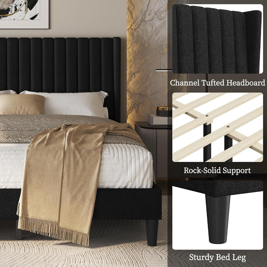 Yaheetech Queen Bed Frame Upholstered Platform Bed with Fabric Headboard, Wing Edge Design/Non-Slip and Noise-Free/Wooden Slats Support/No Box Spring Needed/Easy Assembly, Black Queen Bed